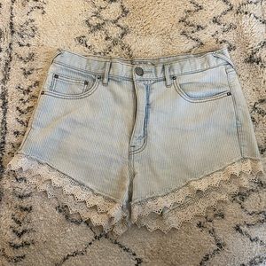 Free People Striped Denim Shorts with Crochet Trim